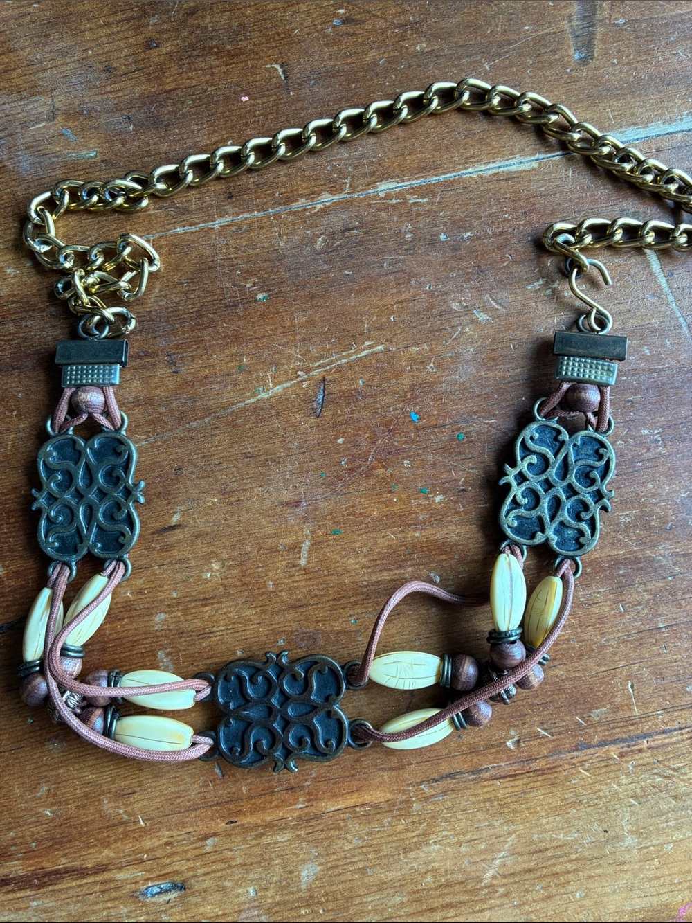 Vintage 70s/80s Made in Taiwan Boho Beaded Chain Statement Belt - brass and 
woo